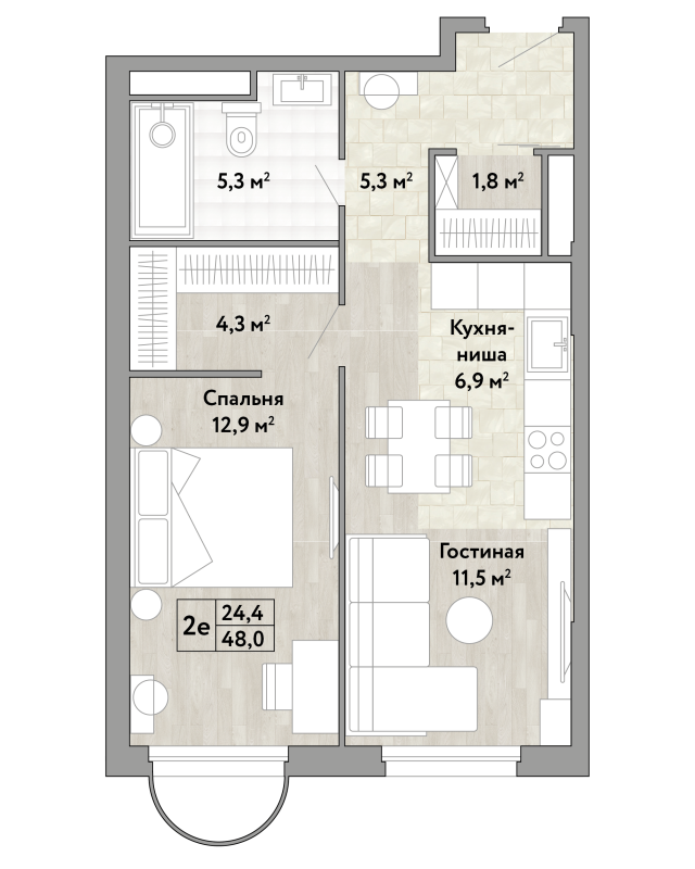 2 ккв (Евро) 48 м²
