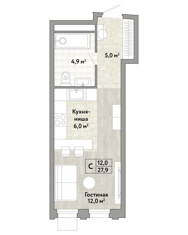 Студия 27,9 м²