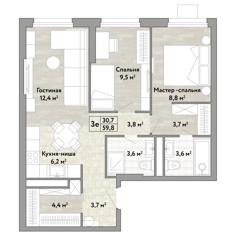 3 ккв (Евро) 59,8 м²