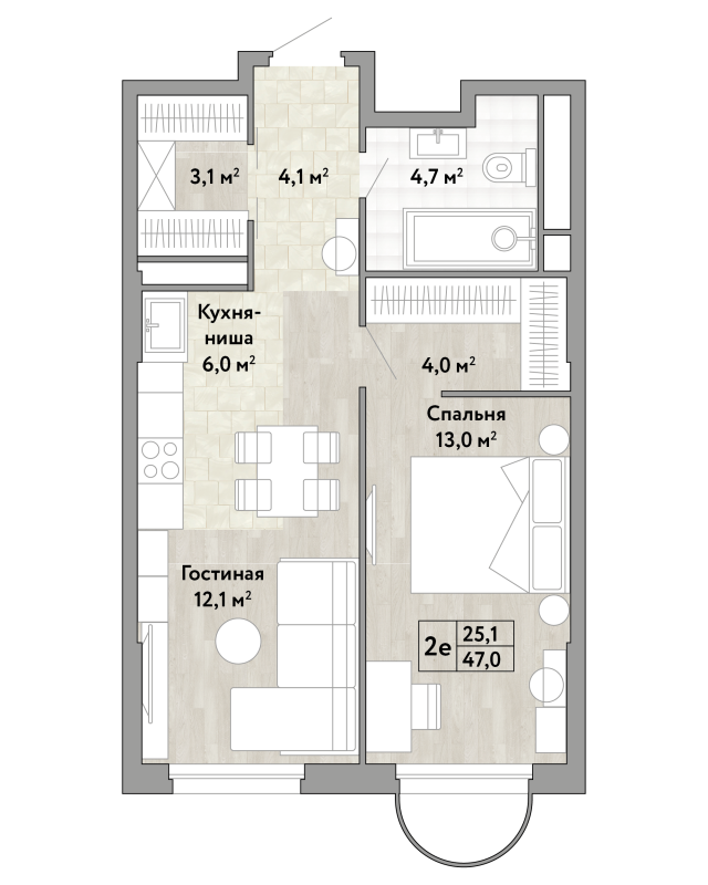 2 ккв (Евро) 47 м²