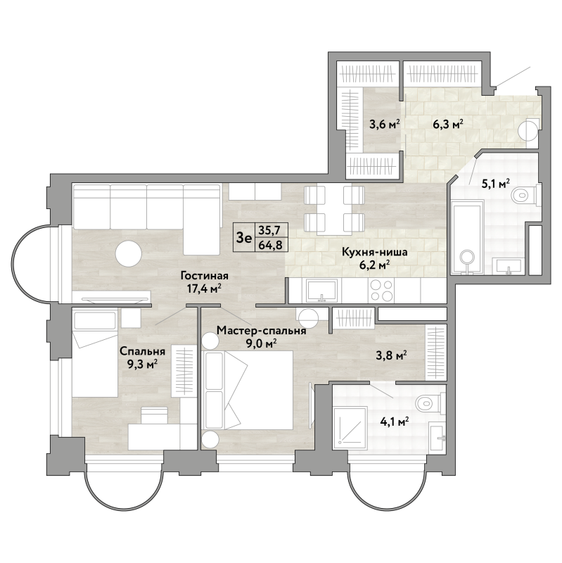 3 ккв (Евро) 64,8 м²