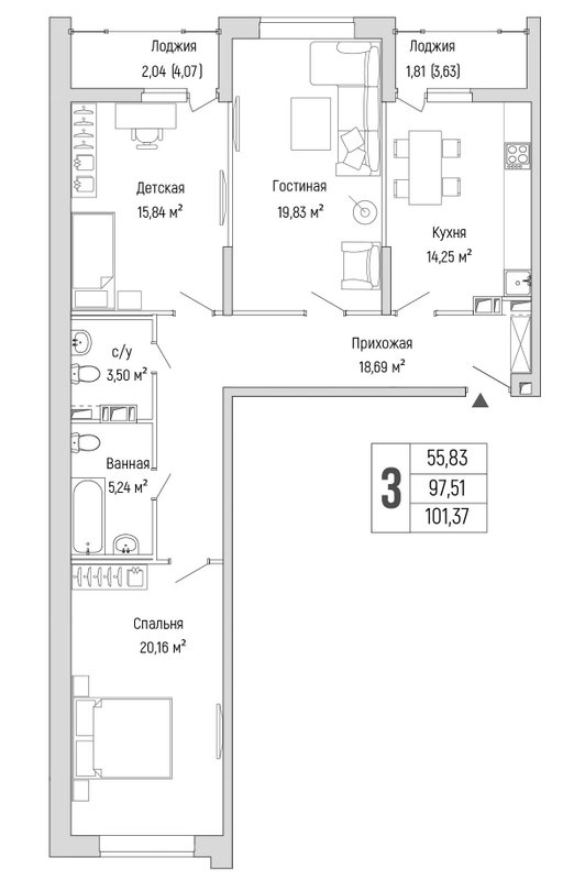 3 ккв 101,4 м²
