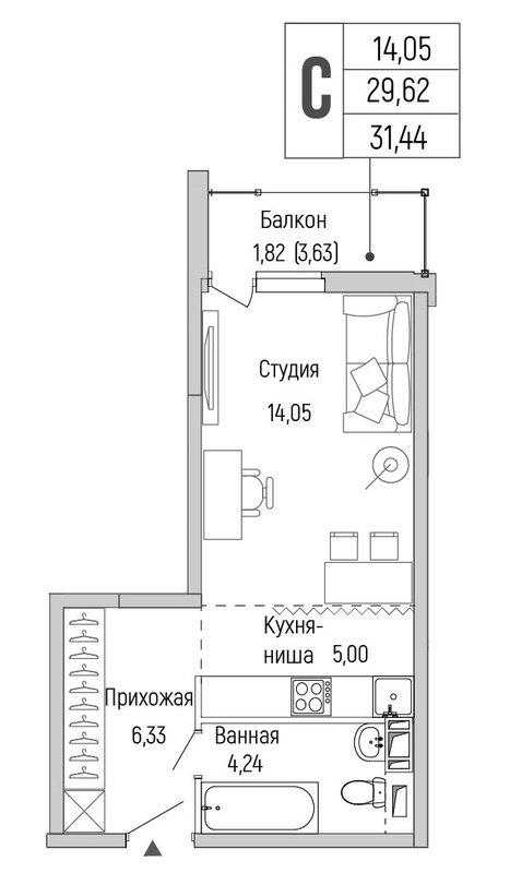 Студия 31,4 м²