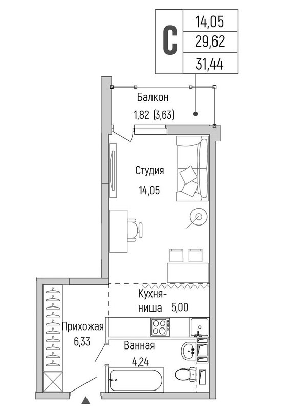 Студия 31,4 м²