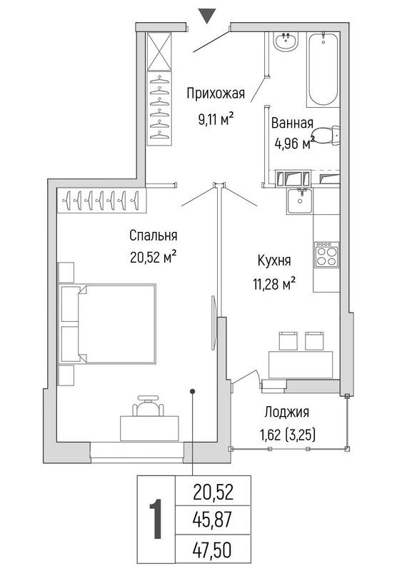 1 ккв 47,5 м²