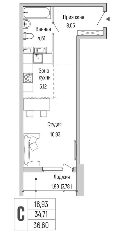 Студия 36,6 м²