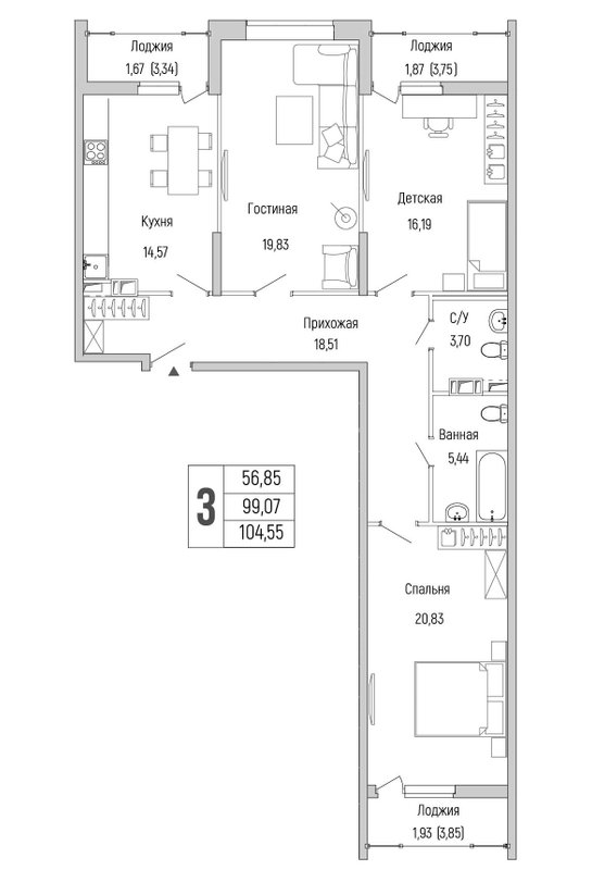 3 ккв 104,6 м²
