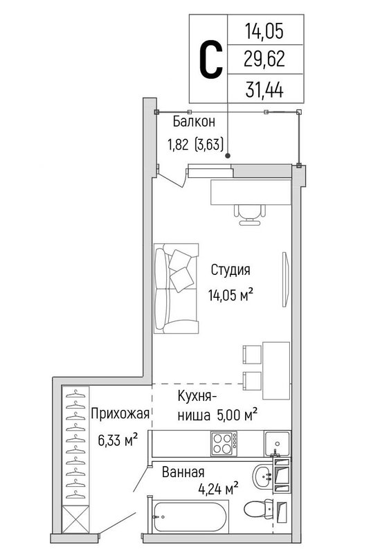 Студия 31,4 м²