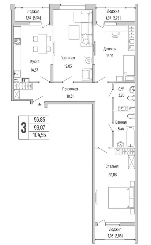 3 ккв 104,6 м²