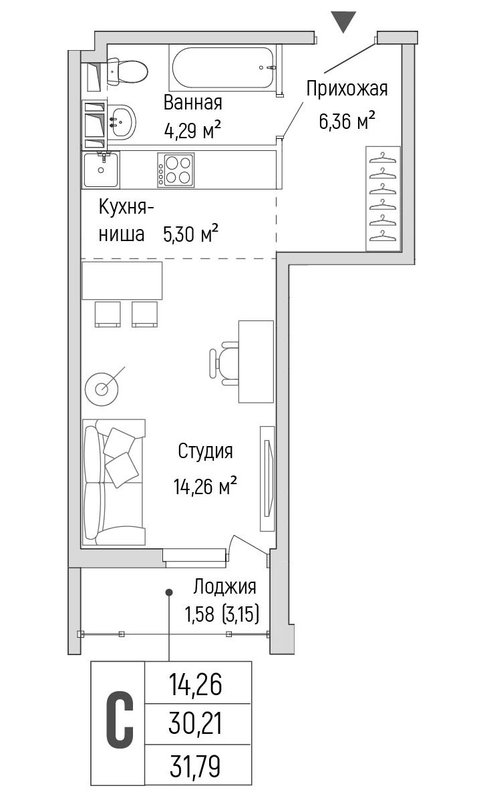 Студия 31,8 м²