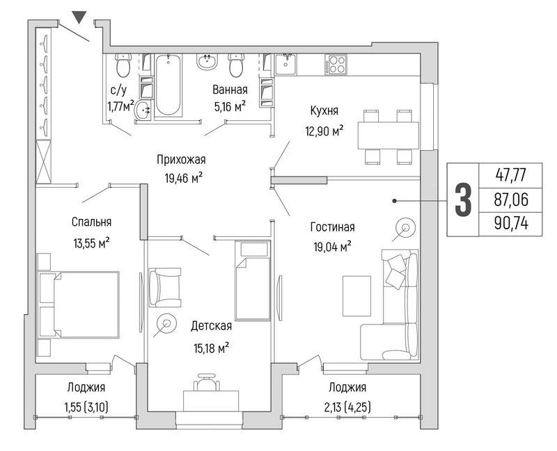 3 ккв 90,7 м²