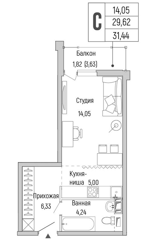 Студия 31,4 м²