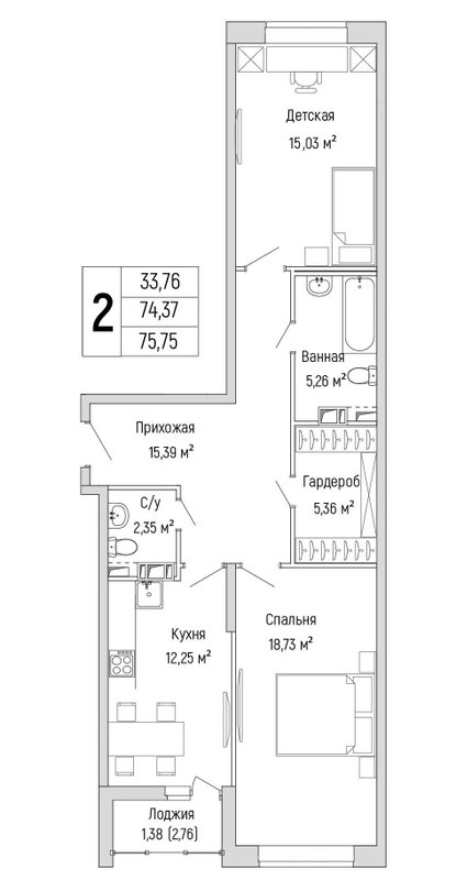 2 ккв 75,8 м²