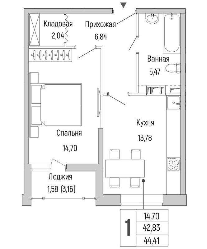 1 ккв 44,4 м²