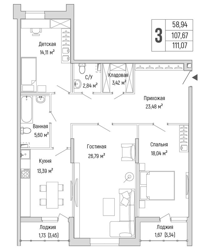 3 ккв 111,1 м²