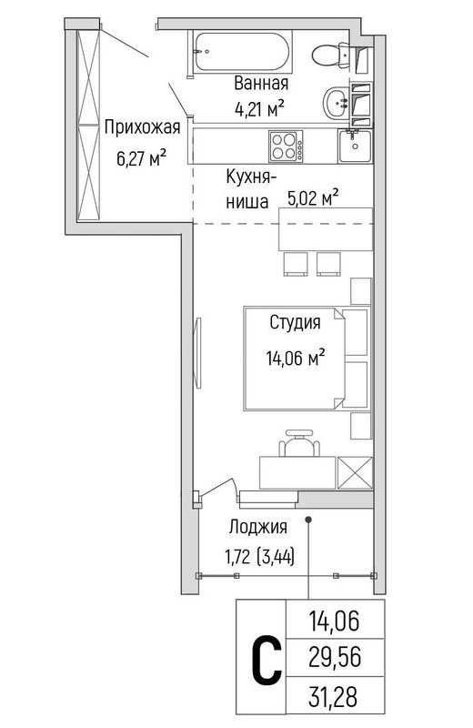 Студия 31,3 м²