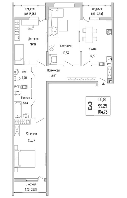 3 ккв 104,7 м²