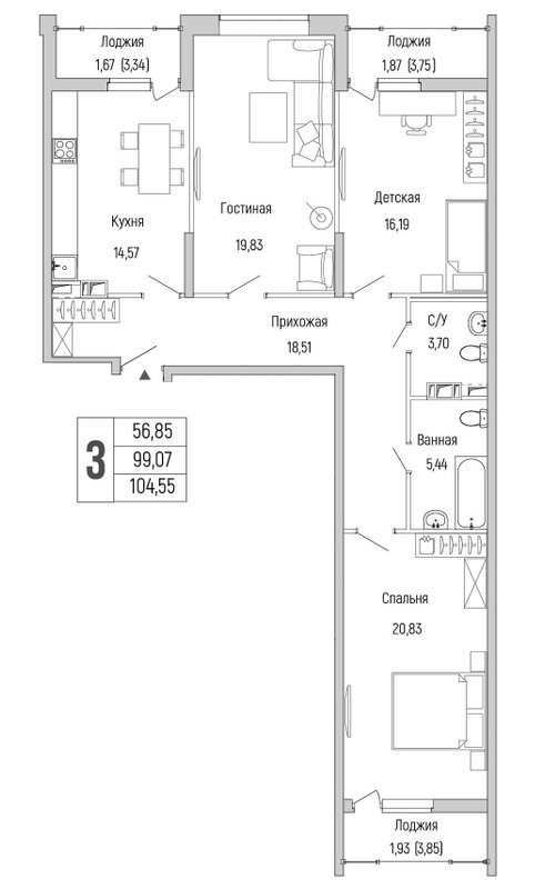 3 ккв 104,6 м²