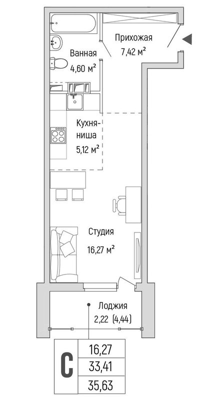 Студия 35,6 м²