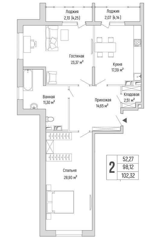 3 ккв (Евро) 102,3 м²