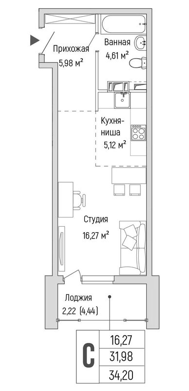 Студия 34,2 м²