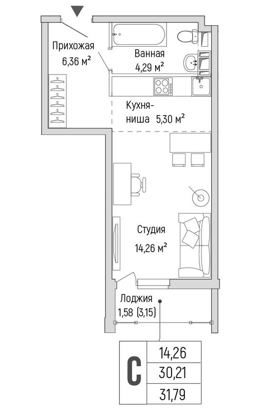 Студия 31,8 м²