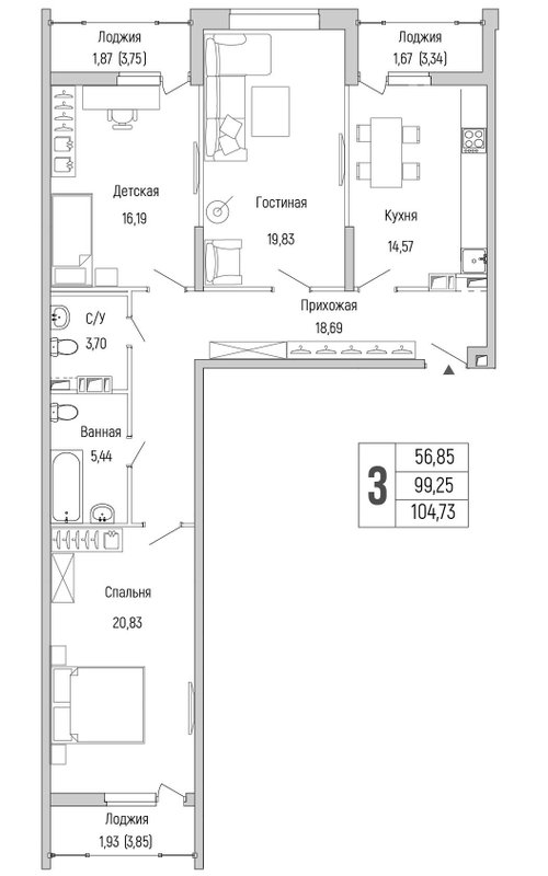3 ккв 104,7 м²