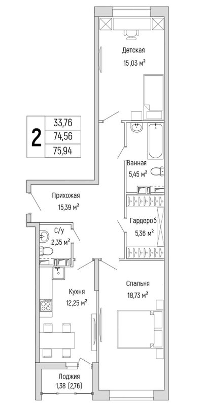 2 ккв 75,9 м²