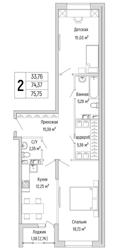 2 ккв 75,8 м²