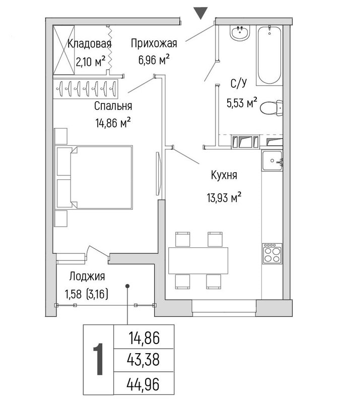 1 ккв 45 м²