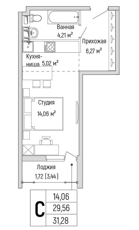Студия 31,3 м²