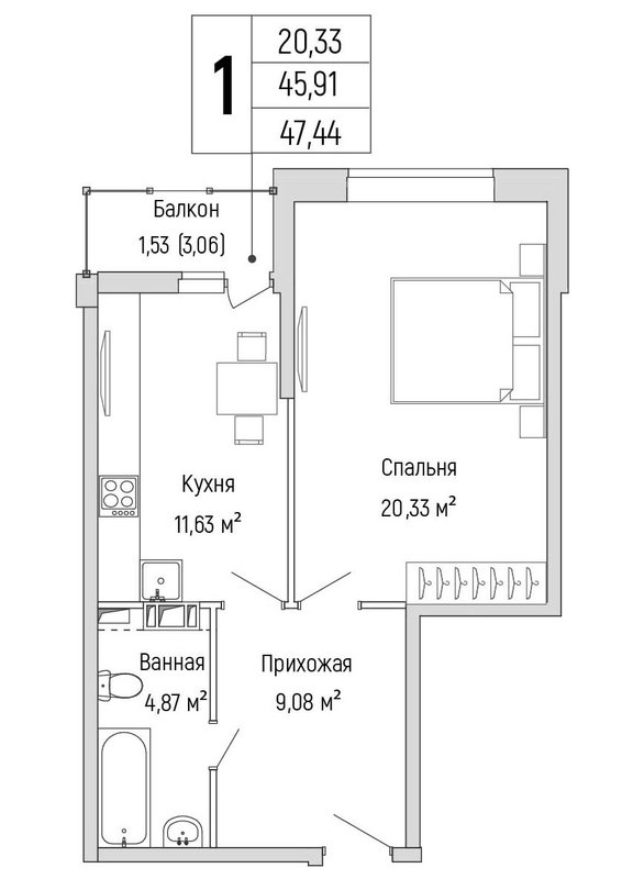 1 ккв 47,4 м²