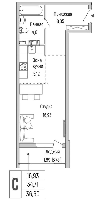 Студия 36,6 м²