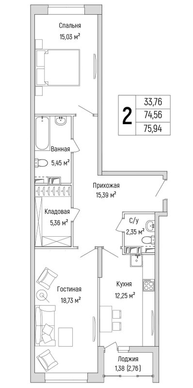 2 ккв 75,9 м²