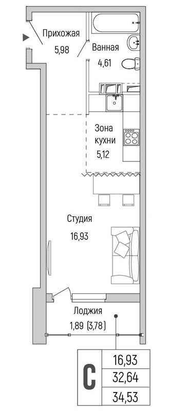Студия 34,5 м²
