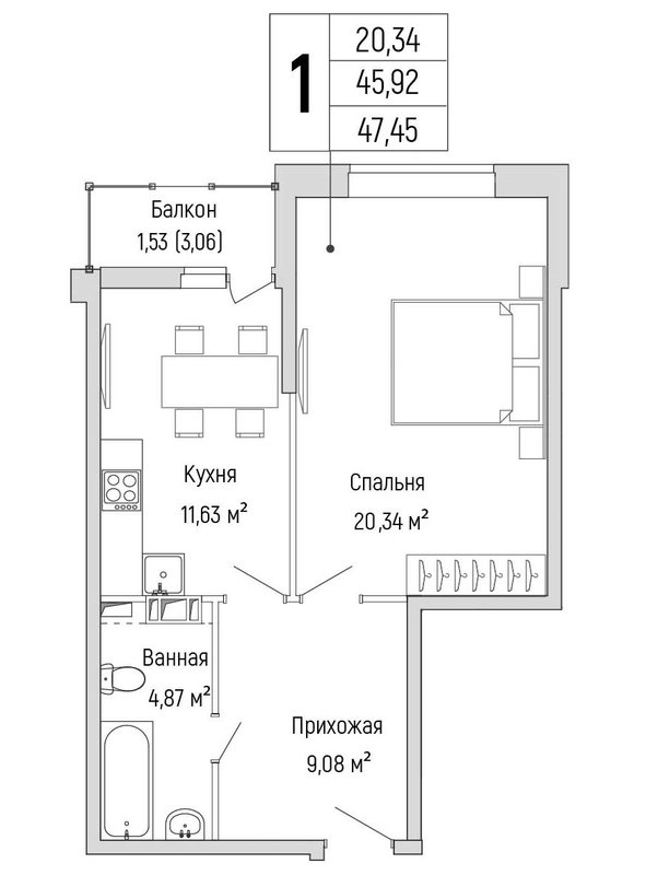 1 ккв 47,5 м²