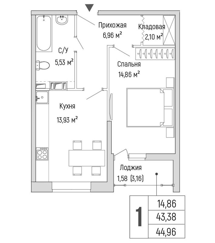 1 ккв 45 м²
