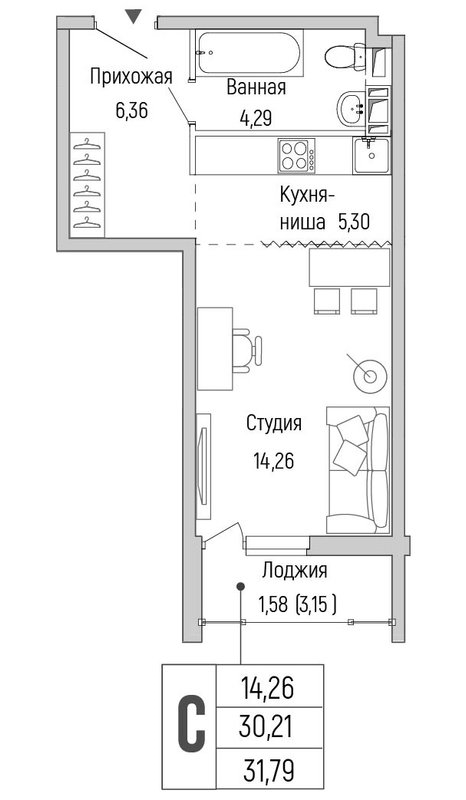 Студия 31,8 м²