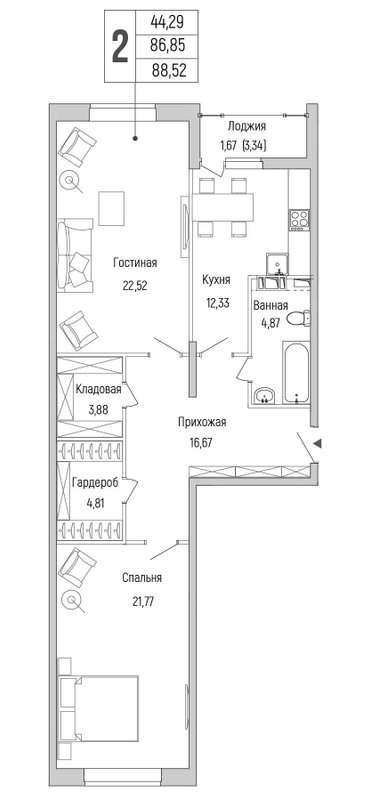 2 ккв 88,5 м²