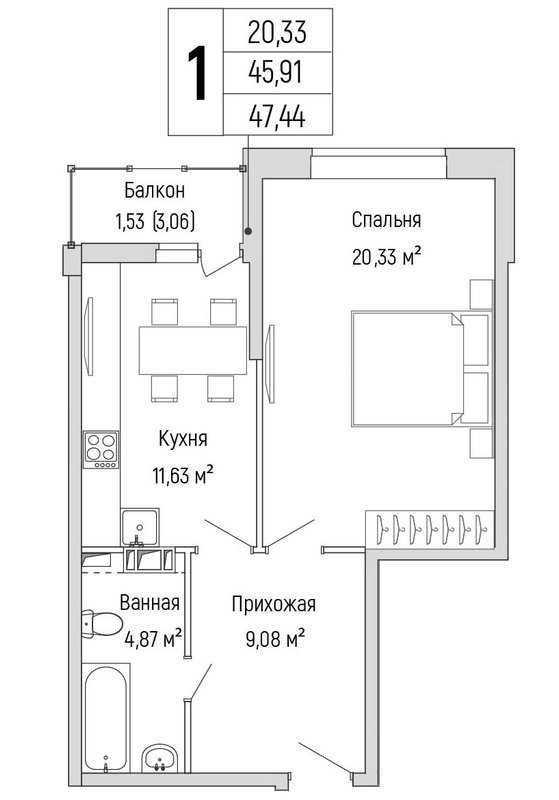 1 ккв 47,4 м²