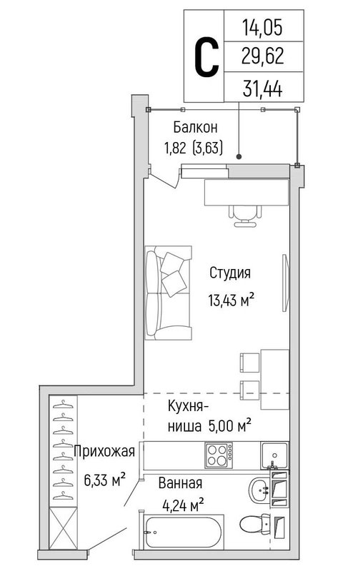 Студия 31,4 м²