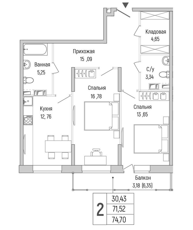 2 ккв 74,7 м²