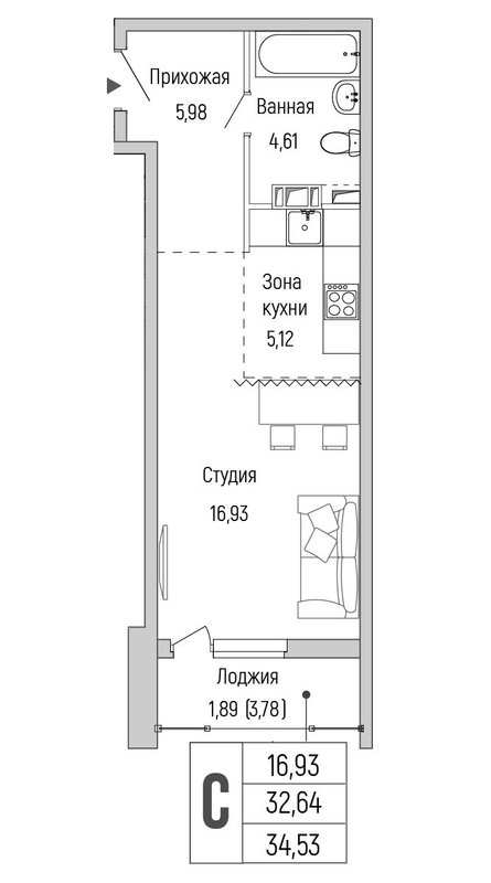 Студия 34,5 м²