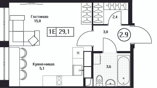 Студия 29,1 м²