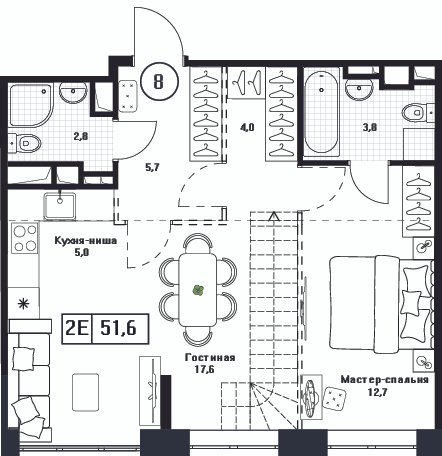 2 ккв (Евро) 51,6 м²