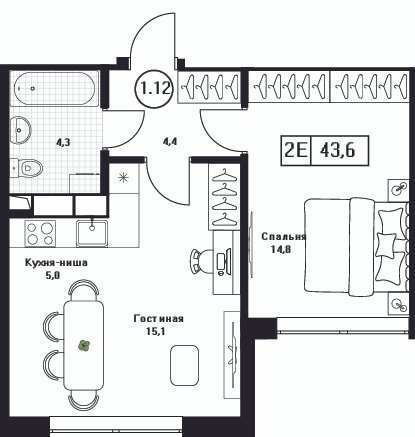 2 ккв (Евро) 43,6 м²