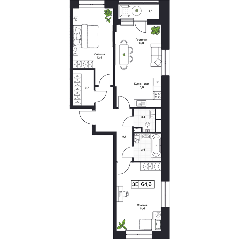 3 ккв (Евро) 65,2 м²