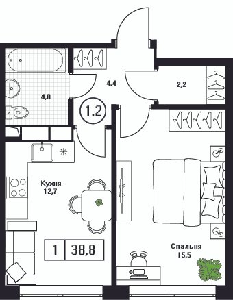 1 ккв 38,8 м²