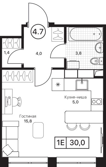 Студия 30 м²