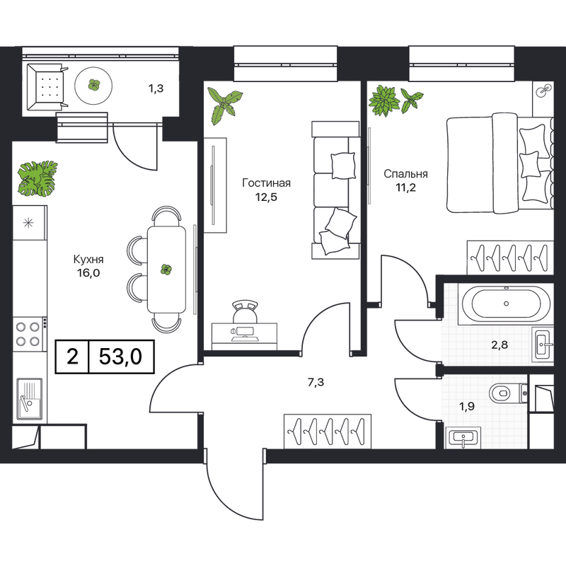 3 ккв (Евро) 53,1 м²